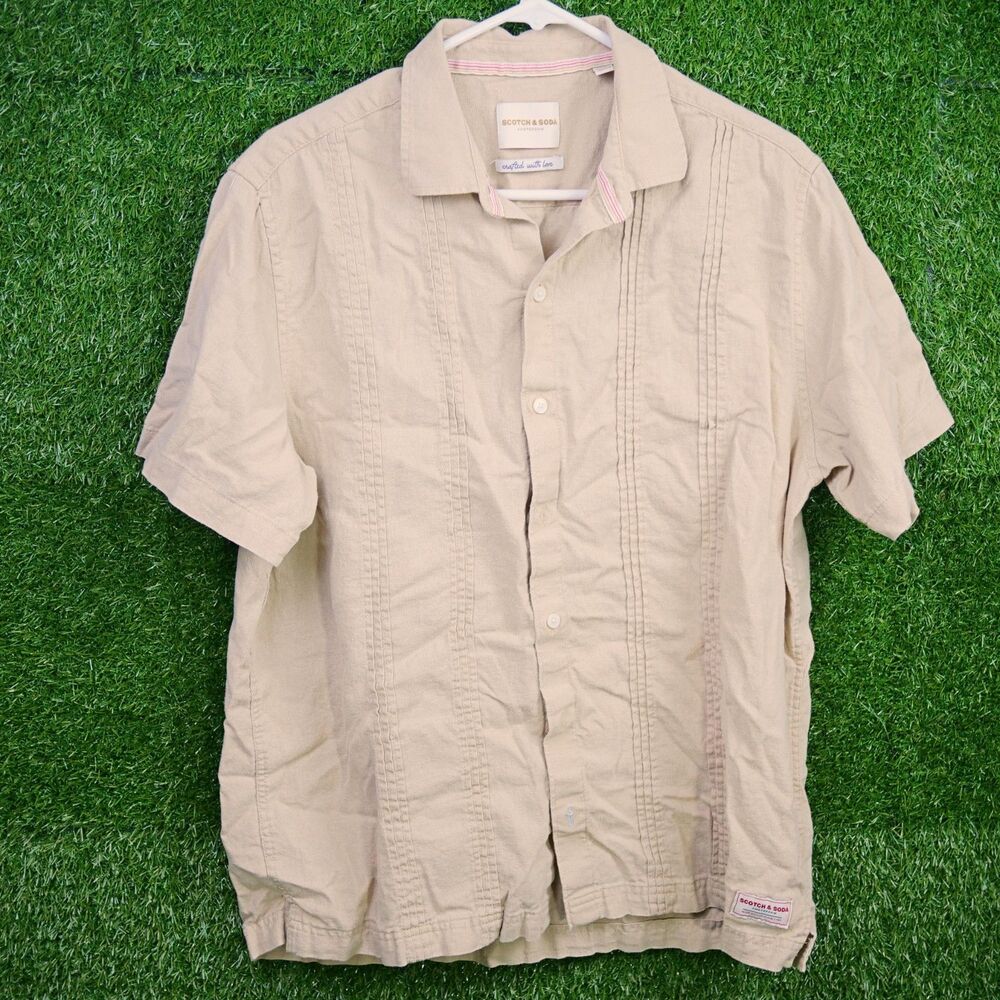 Scotch & Soda Tan Viscose Pintuck Short Sleeve Shirt - Men's Size L